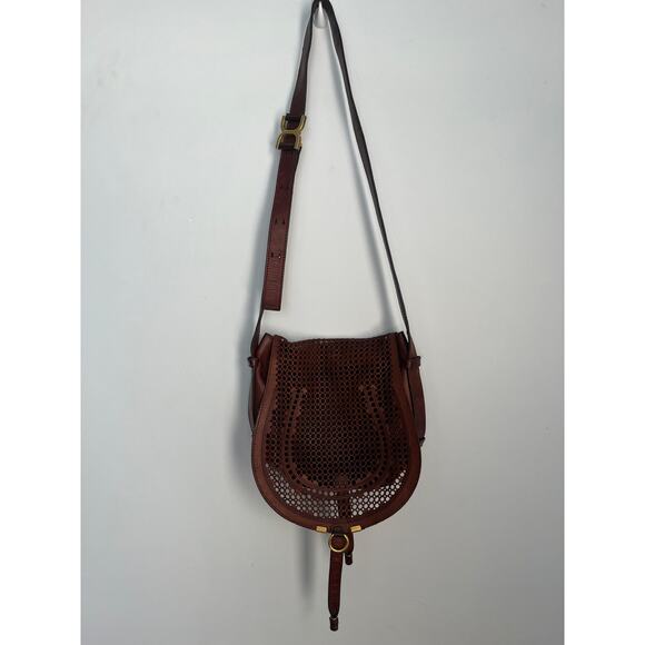 Chloe‎ Crossbody Bag Women Brown Perforated Leather Saddle Flap - Picture 1 of 11